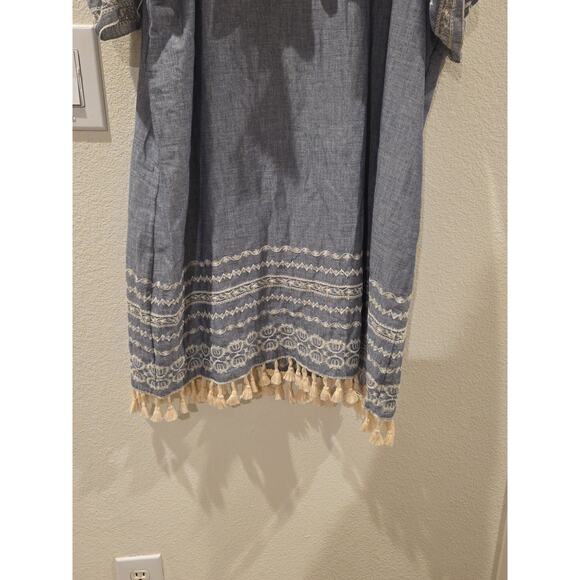 Mi Ami Francesca Blue Cold Shoulder Dress White Fringe Lace Sz L Western Boho - Picture 4 of 8